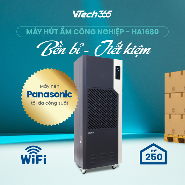 Máy hút ẩm công nghiệp VTech365 VT-HA1680-CN – Giải pháp tối ưu cho nhà xưởng diện tích lớn (150–250m²)